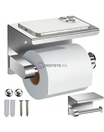 Метална поставка за тоалетна хартия с рафт за телефон за баня